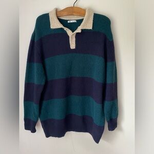 Zara Sweater Men's Large Green and Navy Striped Cozy Rugby Polo